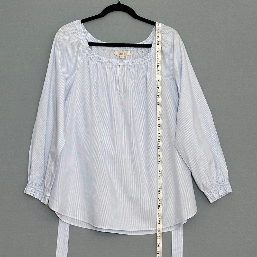 LOFT Womens Top L Blue White Pinstripe Belted Peasant Feminine AIry Nautical - Picture 7 of 10